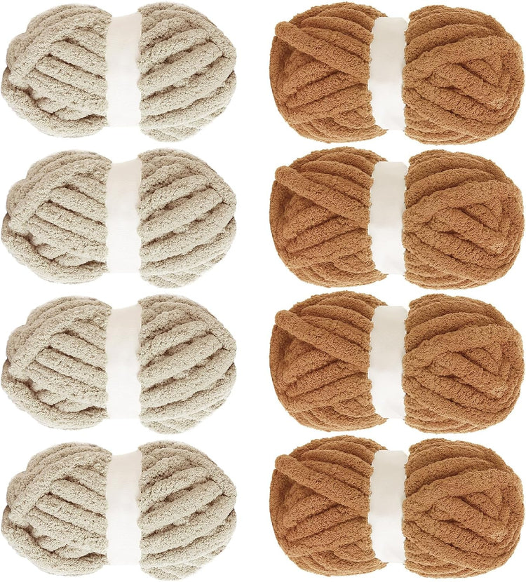 Hombys Khaki & Coffee Chunky Chenille Yarn — 8 Skeins, 31.7 yd / 8 oz Each