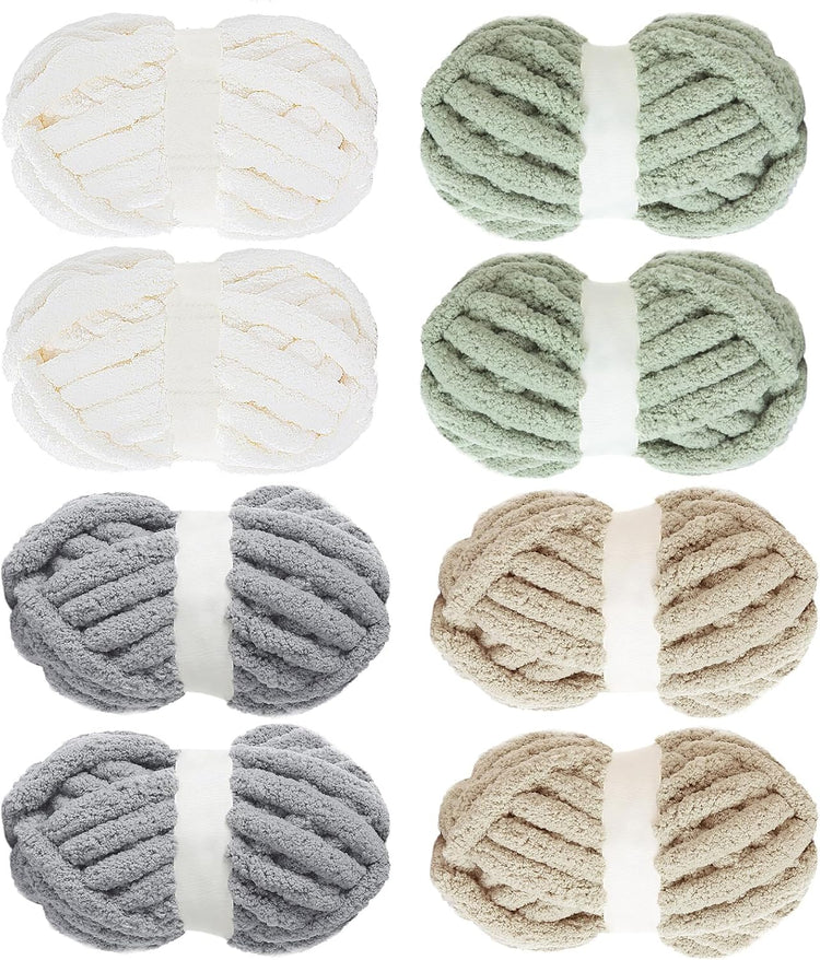 Hombys Cream, Khaki, Sage & Grey Chunky Chenille Yarn — 8 Skeins, 31.7 yd / 8 oz Each