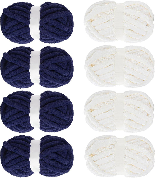 Hombys Cream & Navy Blue chunky chenille yarn, 8 skeins