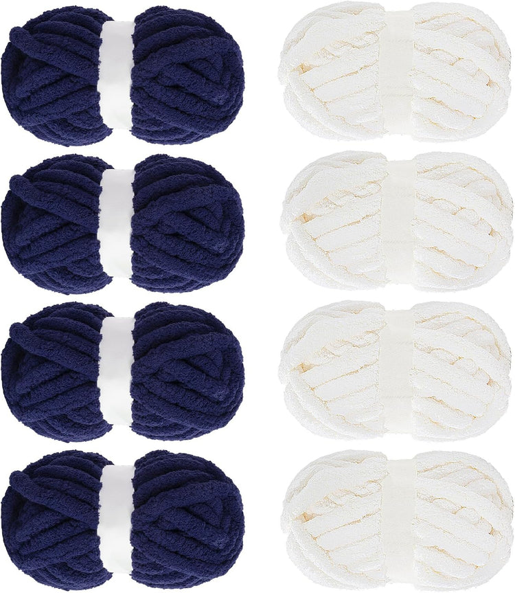 Hombys Cream & Navy Blue Chunky Chenille Yarn — 8 Skeins, 31.7 yd / 8 oz Each