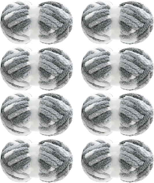 Hombys Light Grey & Dark Grey tie-dye chunky chenille yarn, 8 skeins