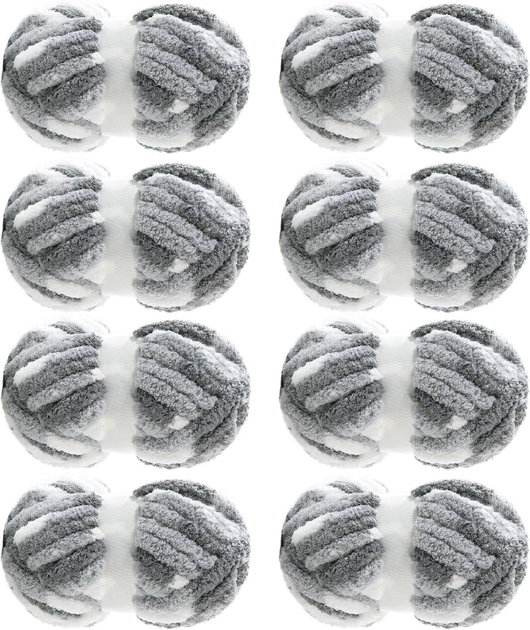 Hombys Light Grey & Dark Grey Tie-Dye Chunky Chenille Yarn — 8 Skeins, 26 yd / 8 oz Each