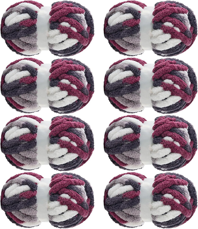 Hombys Purple, Wine Red & White Tie-Dye Chunky Chenille Yarn — 8 Skeins, 26 yd / 8 oz Each