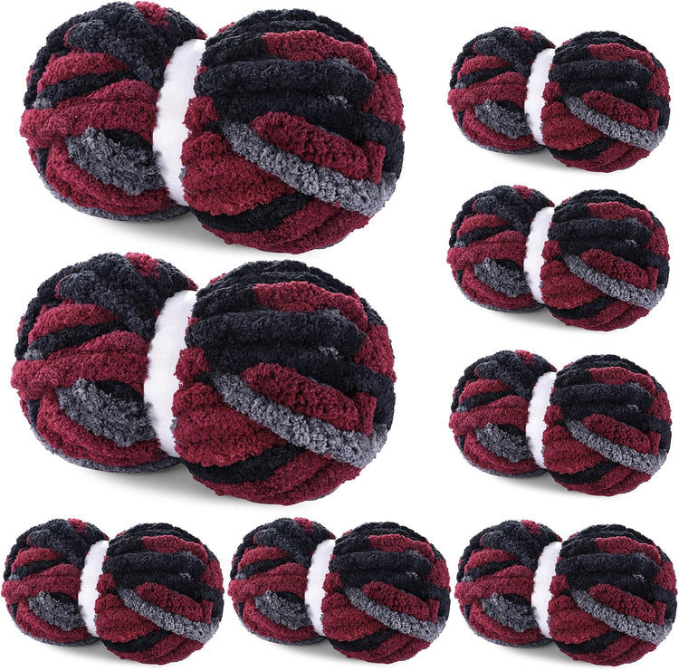 Hombys Wine Red & Grey Tie-Dye Chunky Chenille Yarn — 8 Skeins, 26 yd / 8 oz Each
