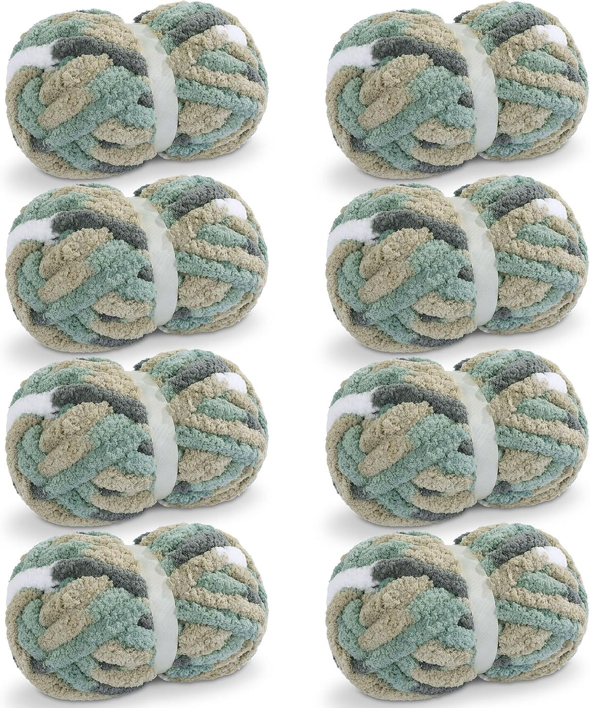 Hombys Grey, Green, White & Khaki tie-dye chunky chenille yarn, 8 skeins