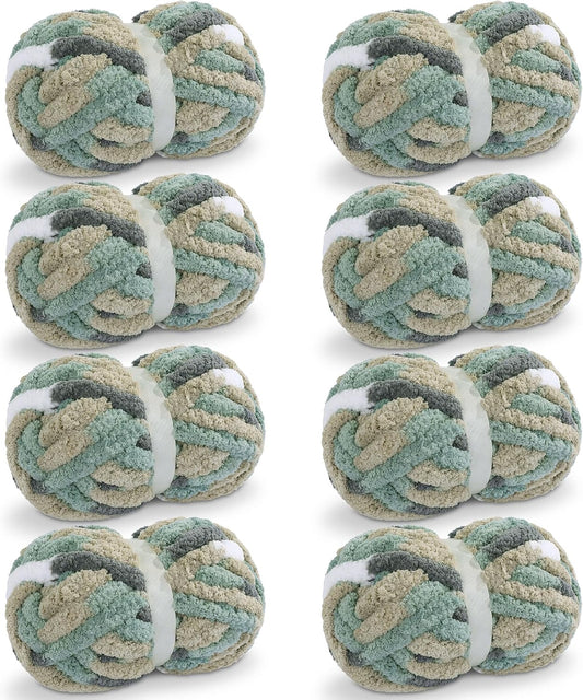 Hombys Grey, Green, White & Khaki tie-dye chunky chenille yarn, 8 skeins