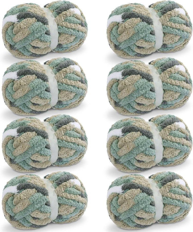 Hombys Grey, Green, White & Khaki Tie-Dye Chunky Chenille Yarn — 8 Skeins, 26 yd / 8 oz Each