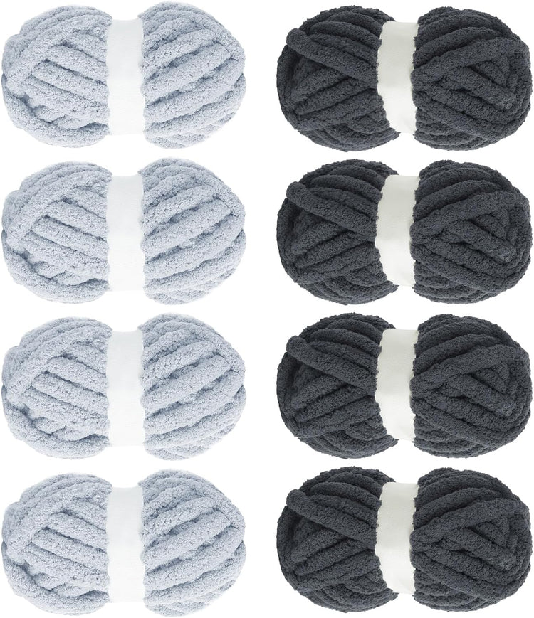 Hombys Carbon Gray & Rice Grey Chunky Chenille Yarn — 8 Skeins, 31.7 yd / 8 oz Each