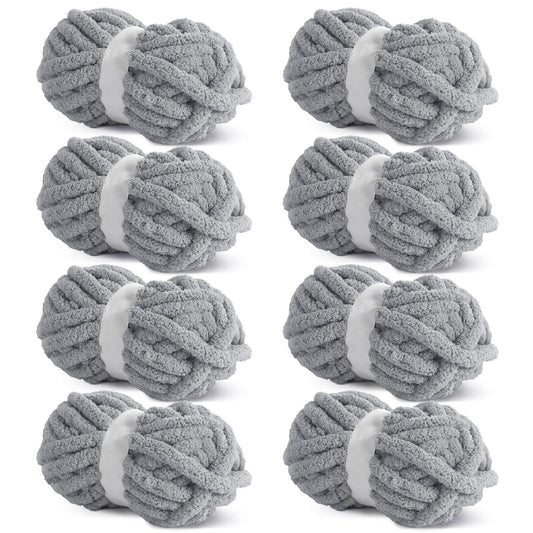 HOMBYS Light Grey Chunky Chenille Yarn, 8 Skeins, 27 yd / 8 oz Each