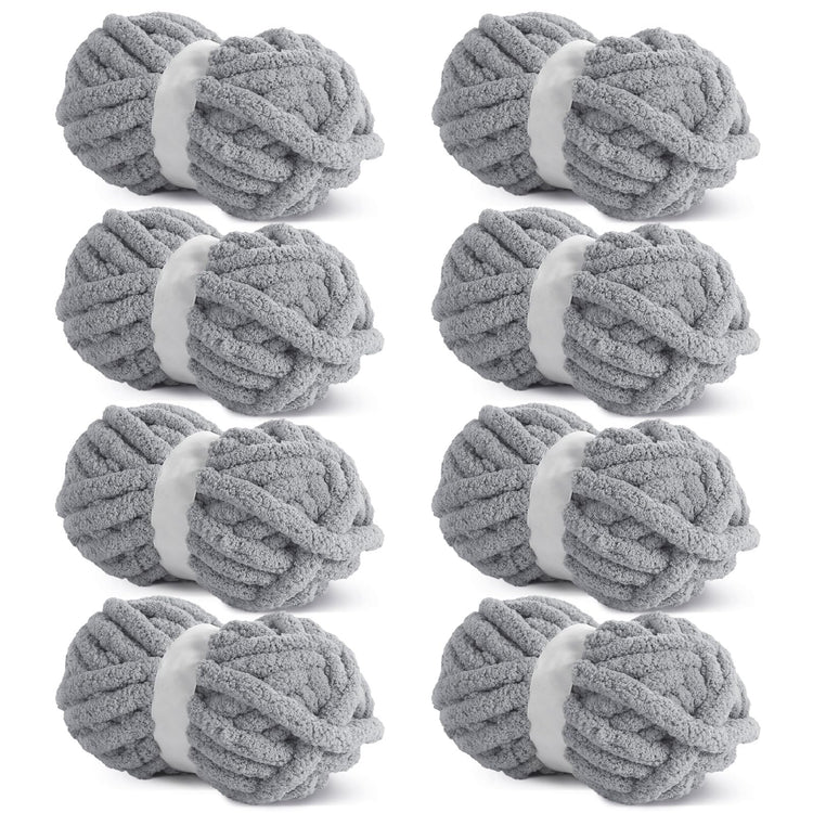HOMBYS Light Grey Chunky Chenille Yarn, 8 Skeins, 27 yd / 8 oz Each