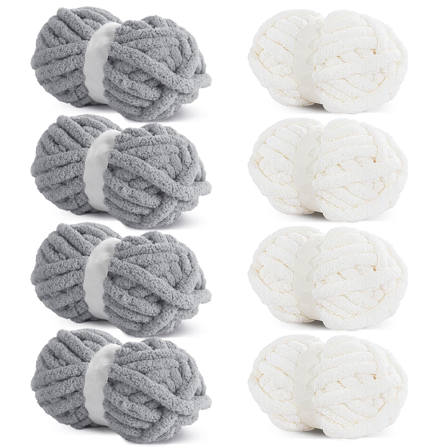 HOMBYS 4 White+4 Light Grey Chunky Chenille Yarn, 8 Skeins, 27 yd / 8 oz Each