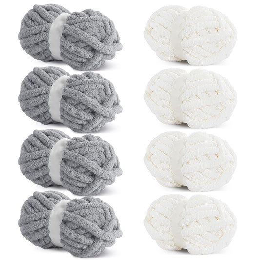 HOMBYS 4 White+4 Light Grey Chunky Chenille Yarn, 8 Skeins, 27 yd / 8 oz Each