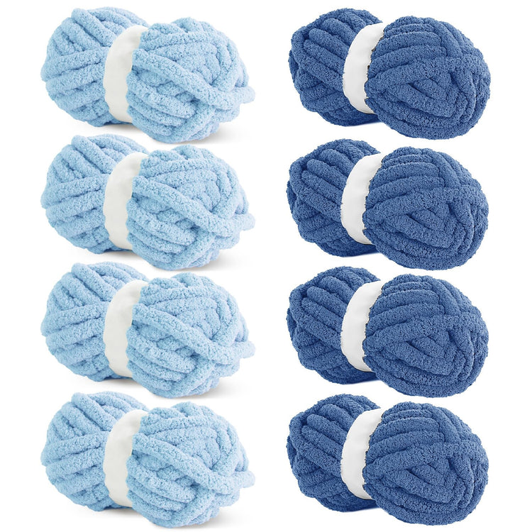 HOMBYS 4 Sky Blue+4 Country Blue Chunky Chenille Yarn, 8 Skeins, 27 yd / 8 oz Each