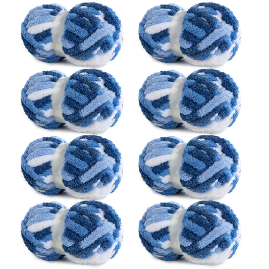 HOMBYS Blue,Light Blue,White Variegated Chunky Chenille Yarn, 8 Skeins, 26 yd / 7.5 oz Each