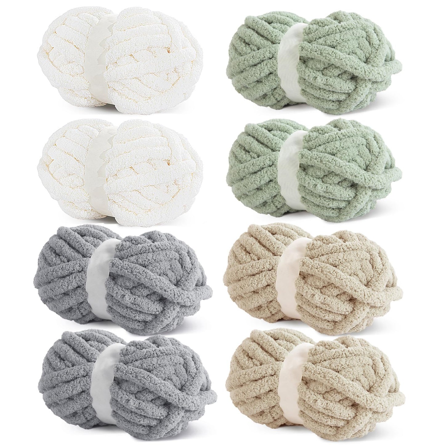 HOMBYS 2 Cream+ 2 Khaki+2 Sage+2 Grey Chunky Chenille Yarn, 8 Skeins, 27 yd / 8 oz Each