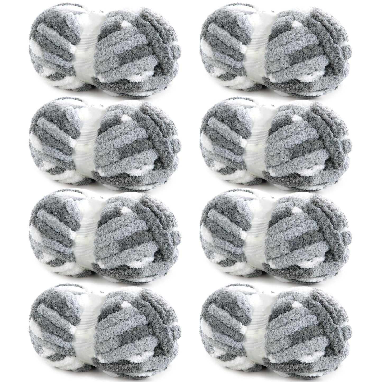 HOMBYS Dark Grey,Grey,White Variegated Chunky Chenille Yarn, 8 Skeins, 26 yd / 7.5 oz Each
