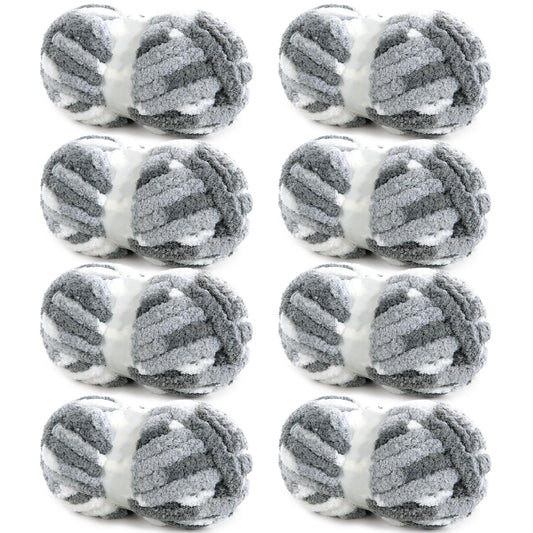 HOMBYS Dark Grey,Grey,White Variegated Chunky Chenille Yarn, 8 Skeins, 26 yd / 7.5 oz Each