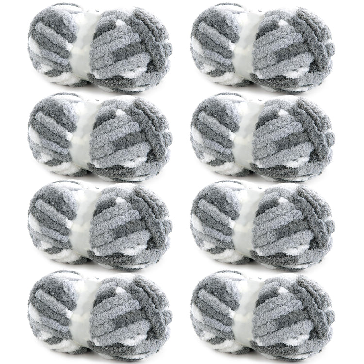 HOMBYS Dark Grey,Grey,White Variegated Chunky Chenille Yarn, 8 Skeins, 26 yd / 7.5 oz Each