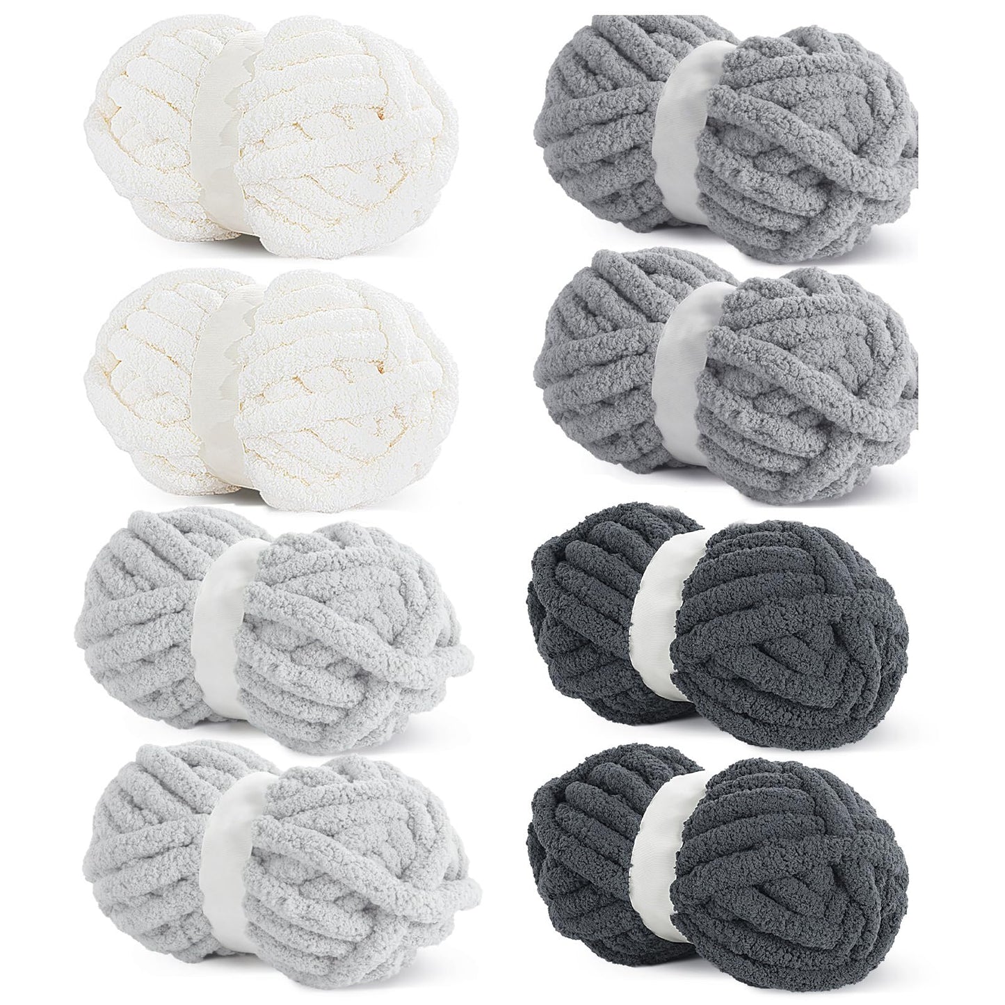HOMBYS 2Cream+2 Light Grey+2 Medium Grey+2 Dark Grey Chunky Chenille Yarn, 8 Skeins, 27 yd / 8 oz Each