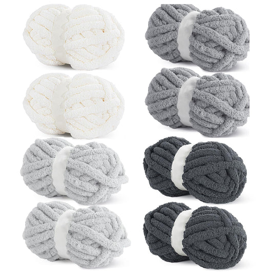 HOMBYS 2Cream+2 Light Grey+2 Medium Grey+2 Dark Grey Chunky Chenille Yarn, 8 Skeins, 27 yd / 8 oz Each
