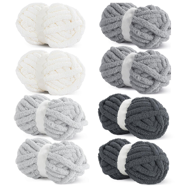 HOMBYS 2Cream+2 Light Grey+2 Medium Grey+2 Dark Grey Chunky Chenille Yarn, 8 Skeins, 27 yd / 8 oz Each