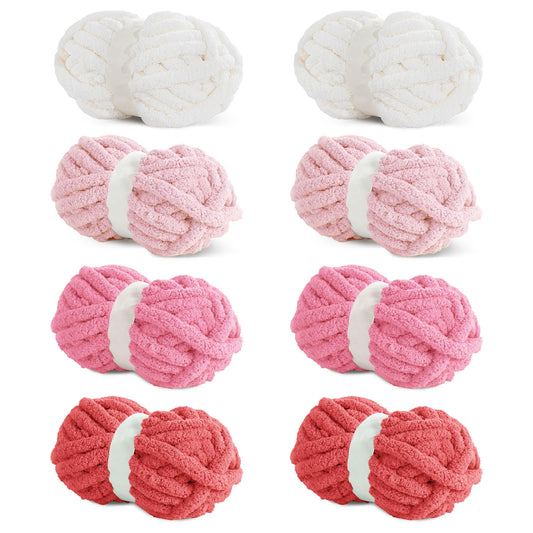 HOMBYS Red Gradient + White Chunky Chenille Yarn, 8 Skeins, 27 yd / 8 oz Each