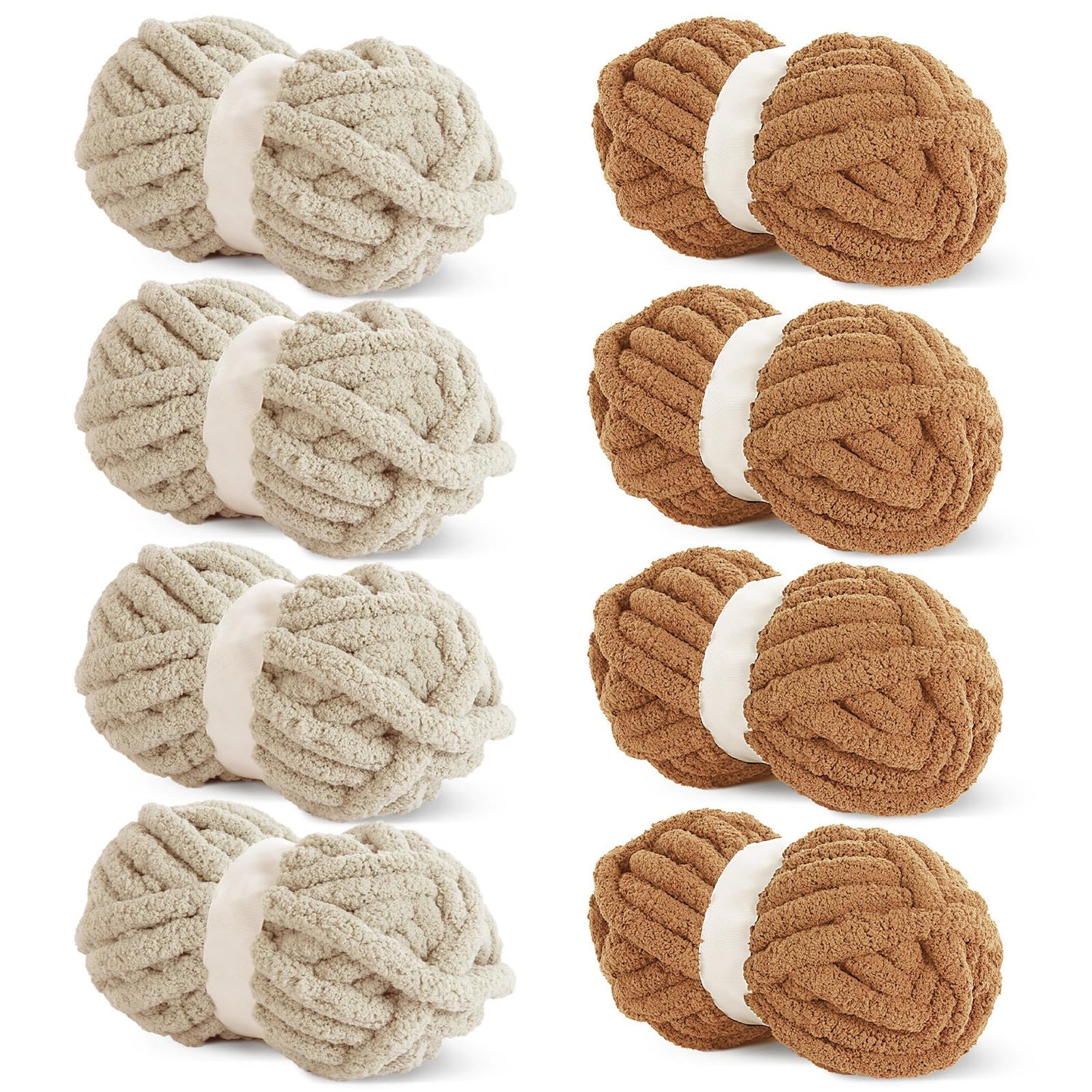 HOMBYS 4 Khaki & 4 Coffee Chunky Chenille Yarn, 8 Skeins, 27 yd / 8 oz Each