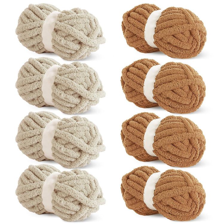 HOMBYS 4 Khaki & 4 Coffee Chunky Chenille Yarn, 8 Skeins, 27 yd / 8 oz Each
