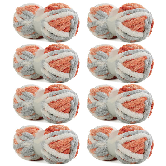 HOMBYS Orange,Light Grey,White Variegated Chunky Chenille Yarn, 8 Skeins, 26 yd / 7.5 oz Each