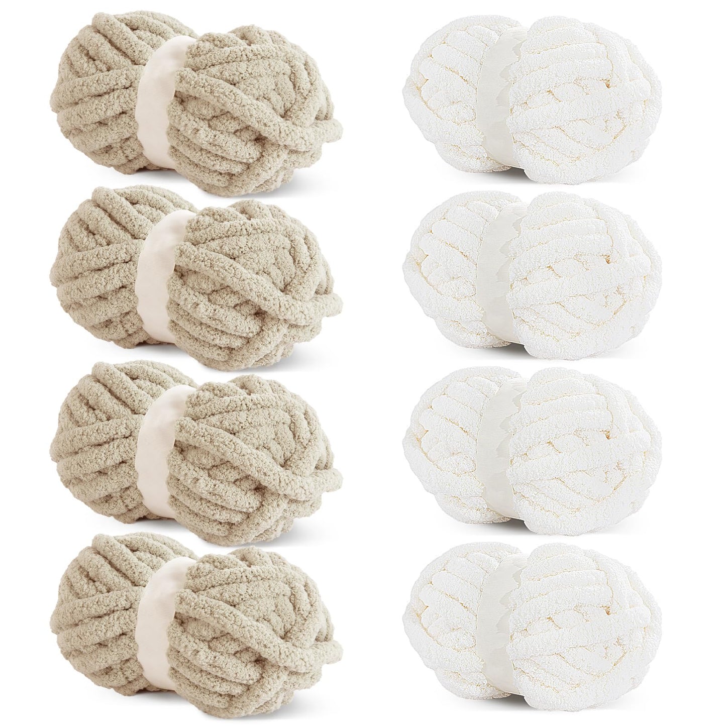 HOMBYS 4 White+4 Khaki Chunky Chenille Yarn, 8 Skeins, 27 yd / 8 oz Each