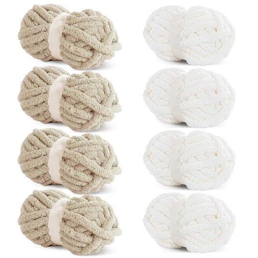 HOMBYS 4 White+4 Khaki Chunky Chenille Yarn, 8 Skeins, 27 yd / 8 oz Each