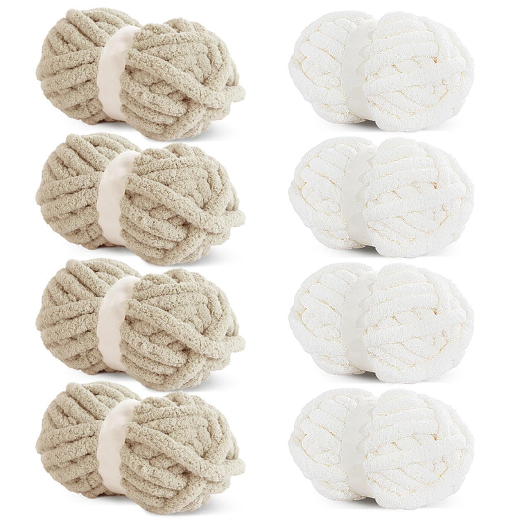 HOMBYS 4 White+4 Khaki Chunky Chenille Yarn, 8 Skeins, 27 yd / 8 oz Each