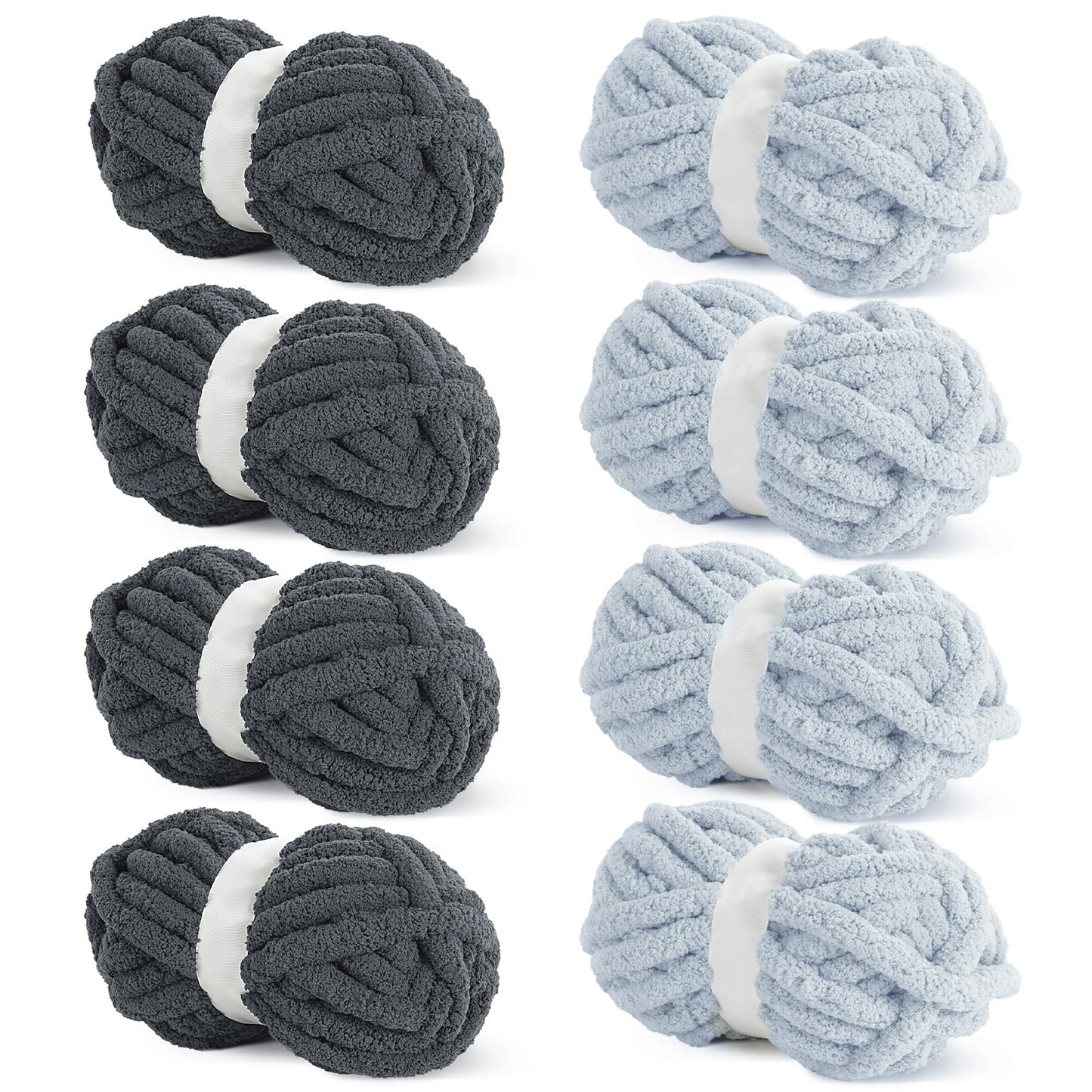 HOMBYS 4 Dark Grey+4 Grey Chunky Chenille Yarn, 8 Skeins, 27 yd / 8 oz Each