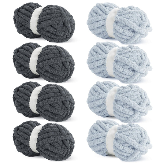 HOMBYS 4 Dark Grey+4 Grey Chunky Chenille Yarn, 8 Skeins, 27 yd / 8 oz Each