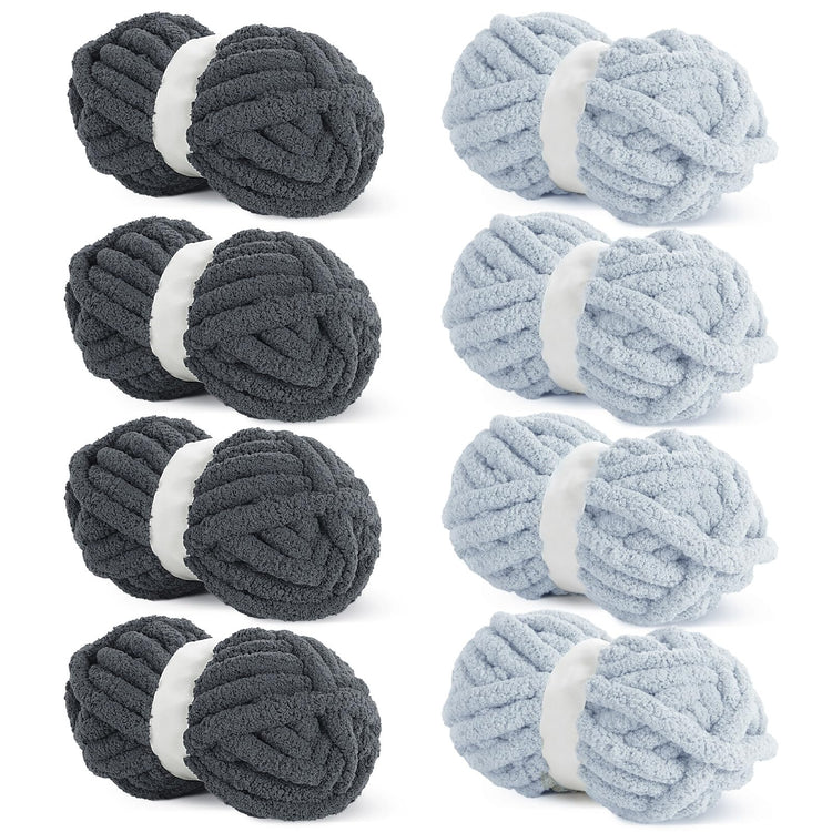 HOMBYS 4 Dark Grey+4 Grey Chunky Chenille Yarn, 8 Skeins, 27 yd / 8 oz Each