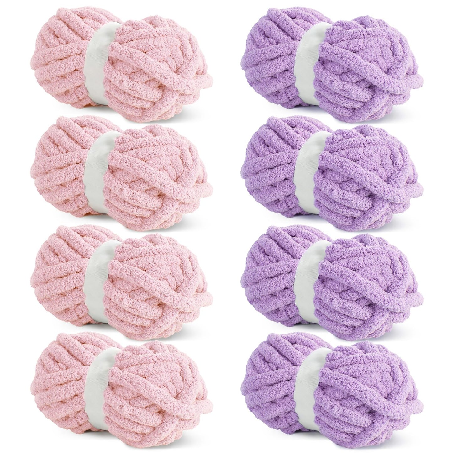 HOMBYS 4 Pink+4Purple Chunky Chenille Yarn, 8 Skeins, 27 yd / 8 oz Each