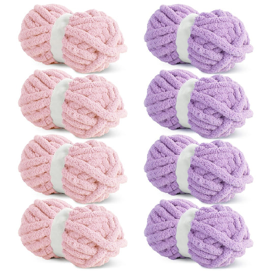 HOMBYS 4 Pink+4Purple Chunky Chenille Yarn, 8 Skeins, 27 yd / 8 oz Each