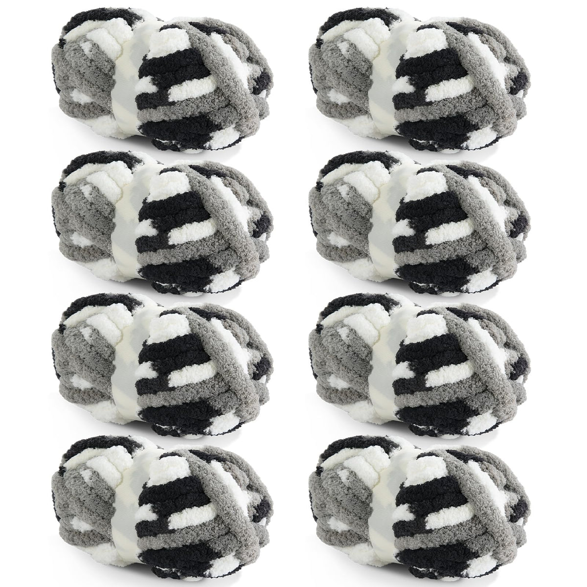 HOMBYS Black,White,Grey Variegated Chunky Chenille Yarn, 8 Skeins, 26 yd / 7.5 oz Each