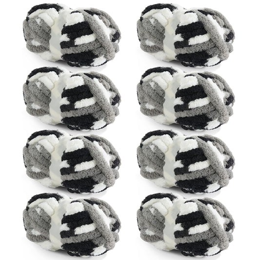 HOMBYS Black,White,Grey Variegated Chunky Chenille Yarn, 8 Skeins, 26 yd / 7.5 oz Each