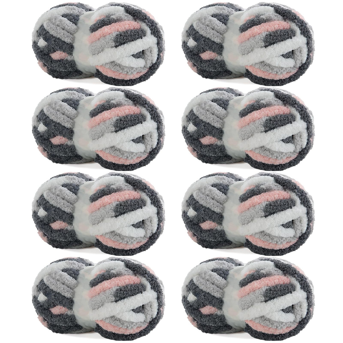 HOMBYS Dark Grey,Pink,White Variegated Chunky Chenille Yarn, 8 Skeins, 26 yd / 7.5 oz Each