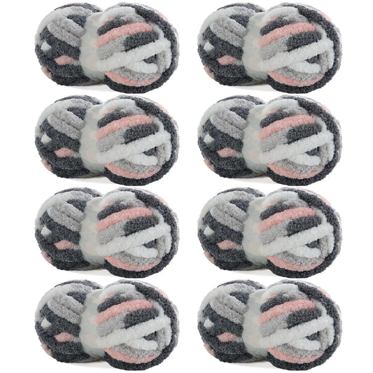 HOMBYS Dark Grey,Pink,White Variegated Chunky Chenille Yarn, 8 Skeins, 26 yd / 7.5 oz Each