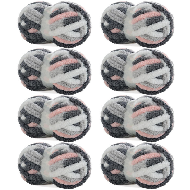 HOMBYS Dark Grey,Pink,White Variegated Chunky Chenille Yarn, 8 Skeins, 26 yd / 7.5 oz Each