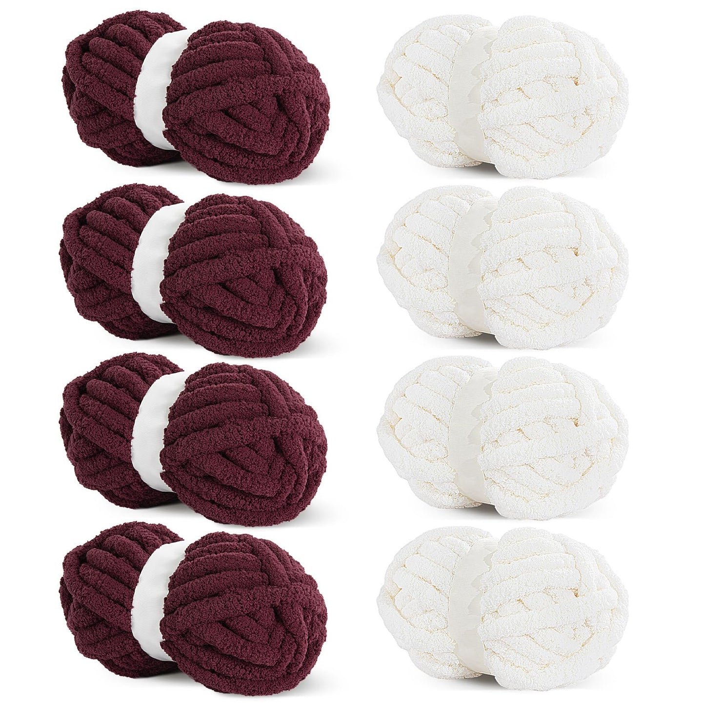 HOMBYS 4Cream+4 Wine Red Chunky Chenille Yarn, 8 Skeins, 27 yd / 8 oz Each