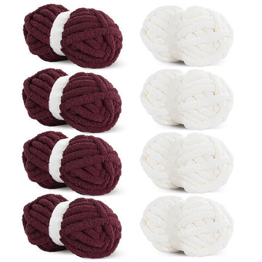 HOMBYS 4Cream+4 Wine Red Chunky Chenille Yarn, 8 Skeins, 27 yd / 8 oz Each