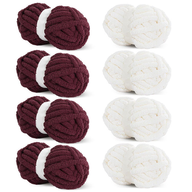 HOMBYS 4Cream+4 Wine Red Chunky Chenille Yarn, 8 Skeins, 27 yd / 8 oz Each