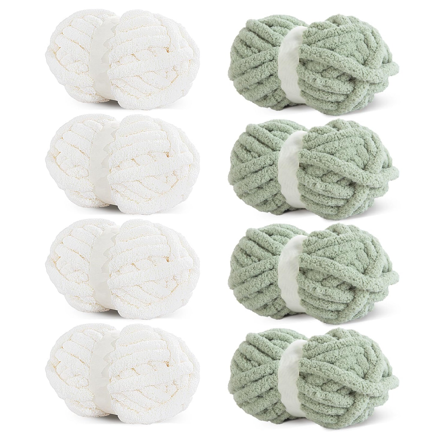 HOMBYS 4 White+4 Sage Green Chunky Chenille Yarn, 8 Skeins, 27 yd / 8 oz Each