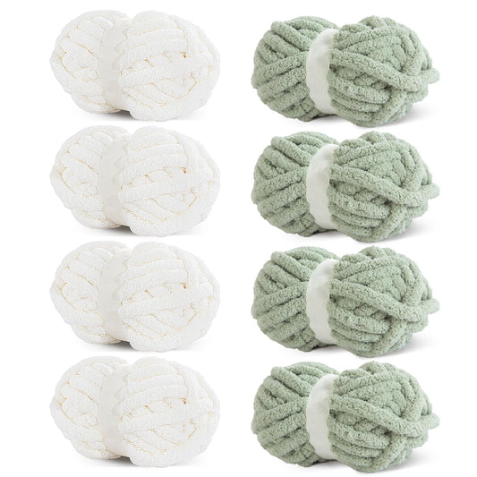 HOMBYS 4 White+4 Sage Green Chunky Chenille Yarn, 8 Skeins, 27 yd / 8 oz Each