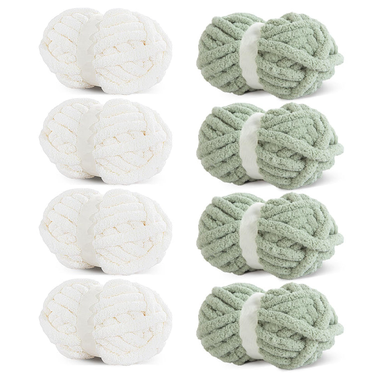 HOMBYS 4 White+4 Sage Green Chunky Chenille Yarn, 8 Skeins, 27 yd / 8 oz Each