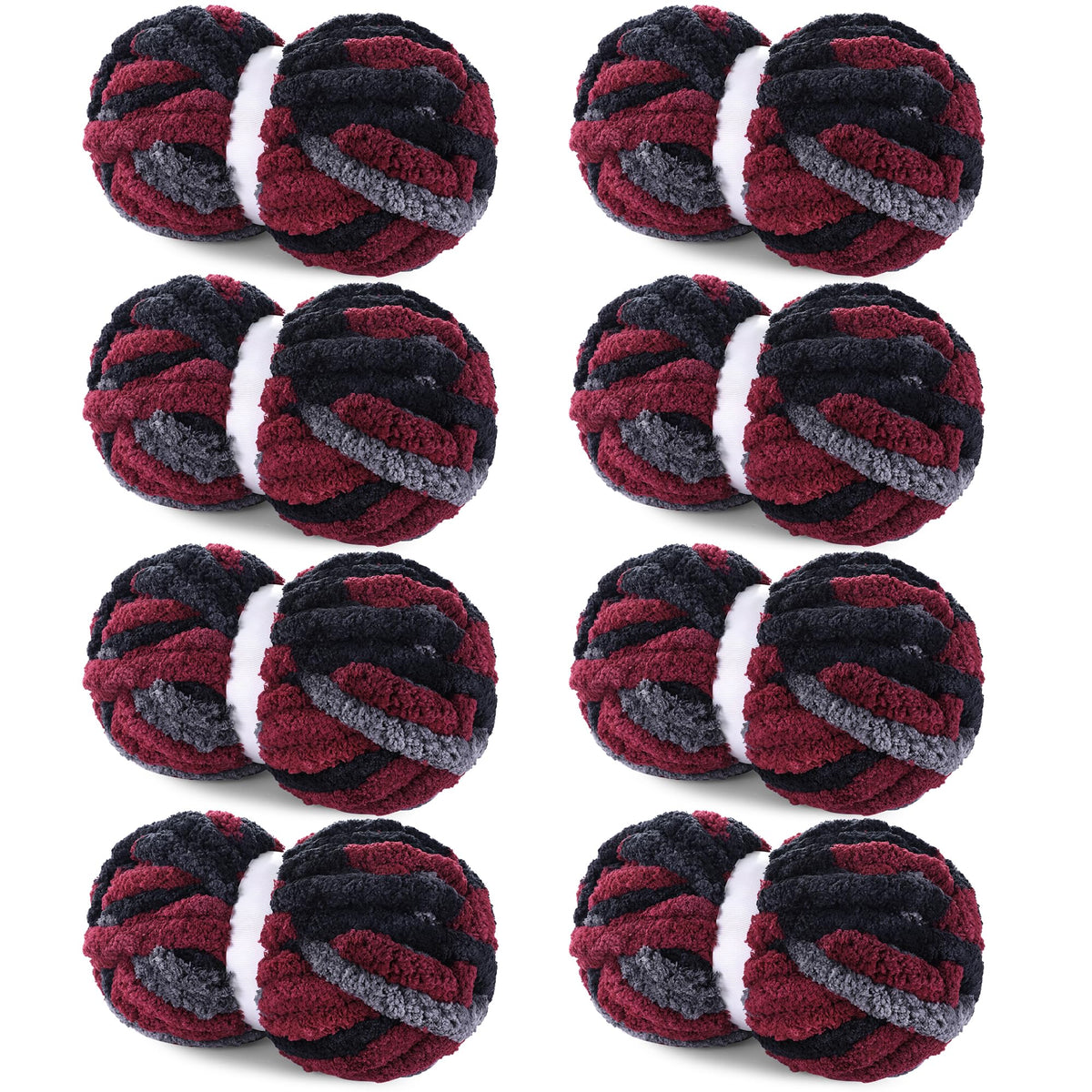 HOMBYS Wine Red,Black,Grey Variegated Chunky Chenille Yarn, 8 Skeins, 26 yd / 7.5 oz Each