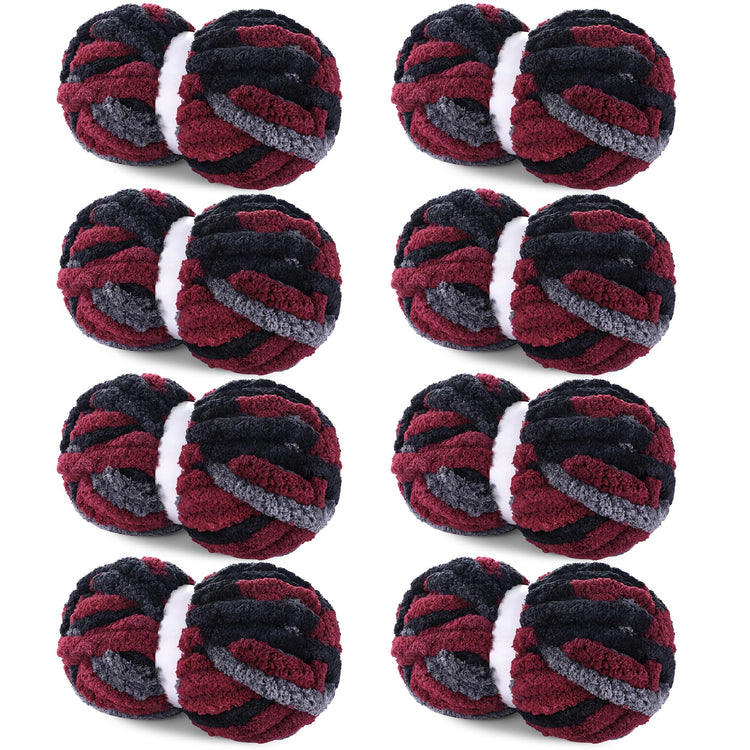 HOMBYS Wine Red,Black,Grey Variegated Chunky Chenille Yarn, 8 Skeins, 26 yd / 7.5 oz Each